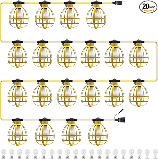 LEDIARY 200FT Construction String Lights, 20 Bulbs 200W 21000LM Work Lights with 20 Medium Base Sockets, Linkable Temporary Construction Lighting for Job Site Workshop Basement
