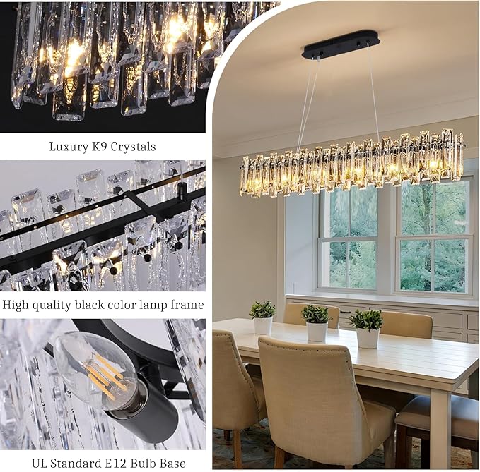 Modern Luxury Rectangular K9 Crystal Chandelier for Dining Room Living Room Kitchen Island Entryway Foyer L43 Easy Install Adjustable Hight 6-Light Ceiling Hanging Light Fixture Black