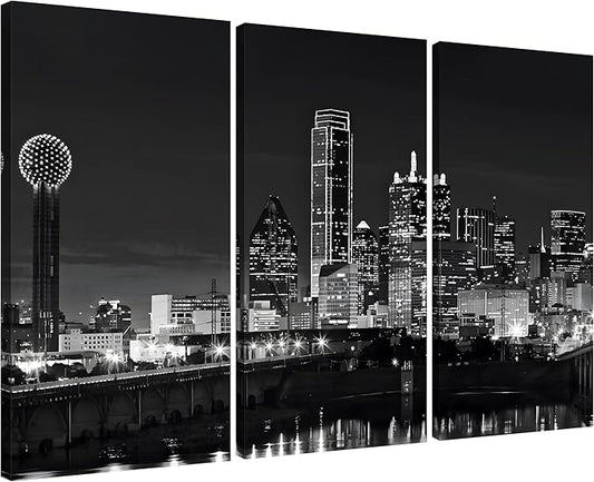 NAN Wind 3 Pcs Dallas Skyline Canvas Wall Art Black and White Cityscape Night Scene Modern City Giclee Prints on Canvas Framed Urban Home Decor Skyscrapers Picture Painting for Room Decor
