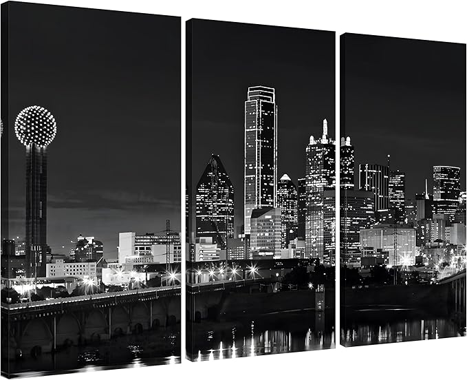 NAN Wind 3 Pcs Dallas Skyline Canvas Wall Art Black and White Cityscape Night Scene Modern City Giclee Prints on Canvas Framed Urban Home Decor Skyscrapers Picture Painting for Room Decor