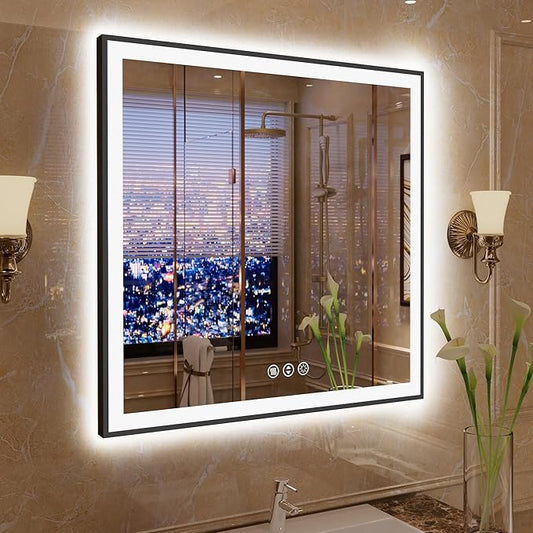 32"x32" LED Framed Mirror for Bathroom - Square Vanity Mirror with Backlit and Front Light, Framed Dimmable Illuminated Mirror for Wall, Anti-Fog, Shatterproof, Memory, 3 Colors (Horizontal/Vertical)
