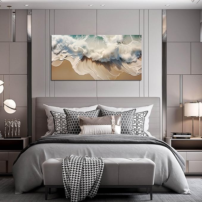 Ocean Waves Canvas Wall Art for Living Room, Beach Scenery View Home Decor Picture, Sea Waves Canvas Wall-Decoration, Seaside Scene Decorative Print Artwork for Office Bedroom, Size 48x24 Inches
