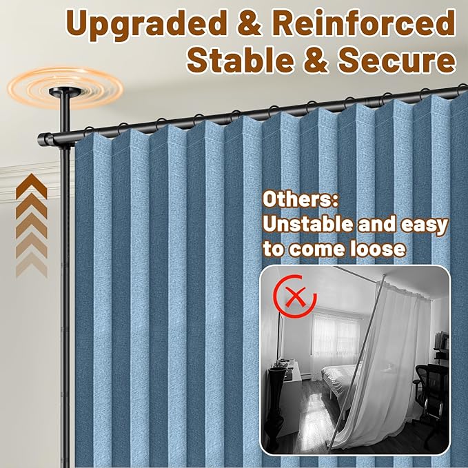 AJAZZ Room Divider Curtain (2 Panels, Blue, W100 x L84 in)+ Tension Curtain Rod No Drilling (H) 43-120×(W) 35-200 in, for Privacy/Soundproof Curtains, Heavy Duty Wall Separator