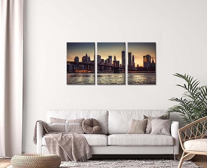 NAN Wind 1PCS New York City Skyline Canvas Wall Art Brooklyn Bridge at Sunset Golden Hour Manhattan Cityscape Pictures Canvas Artwork East River Reflection Modern Urban Home Decor Living Room Office