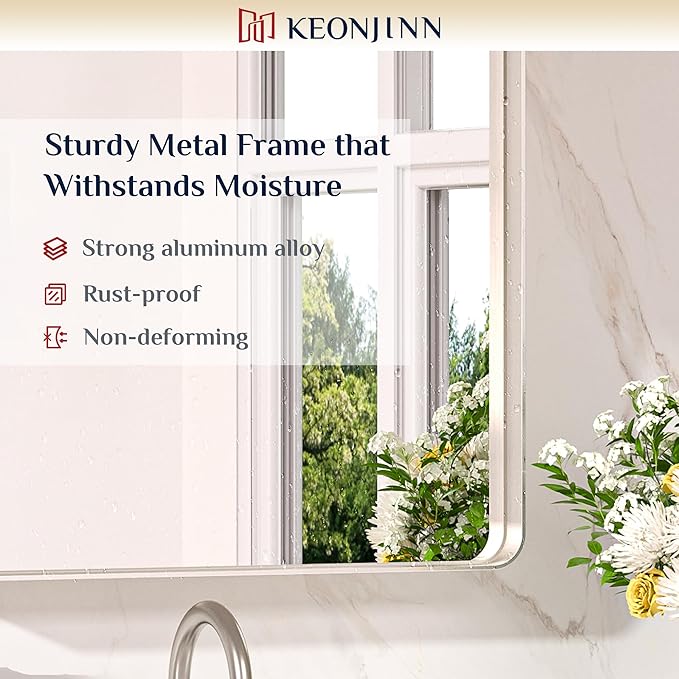 Keonjinn 72 x 36 Brushed Nickel Bathroom Vanity Mirror, Large Rounded Rectangle Bathroom Mirrors for over Sink, Metal Framed Silver Mirror for Wall, Shatterproof HD Tempered Glass(Horizontal/Vertical)