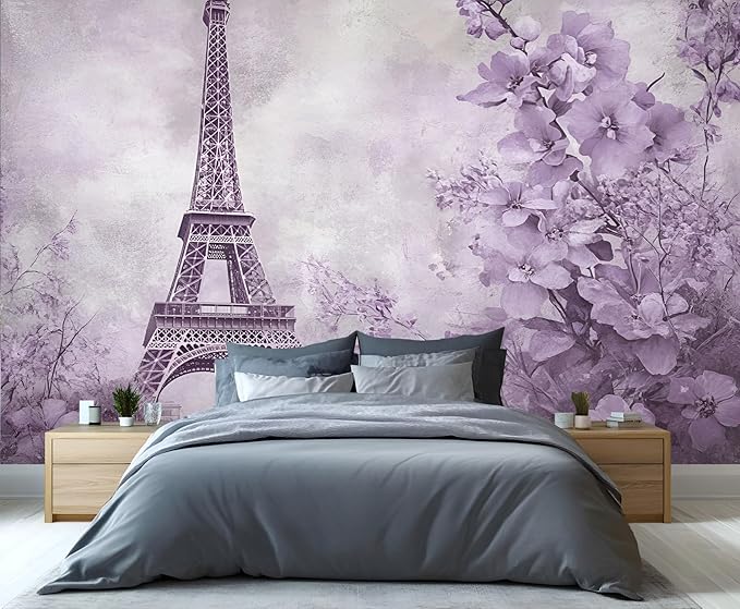 Lilac Wall Murals, Eiffel Tower Mural Wallpaper, Purple Flowers Wall Decor, Vintage Mural for Bedroom, Romantic French Wallpaper for Living Room 157"（W） x 118"（H）