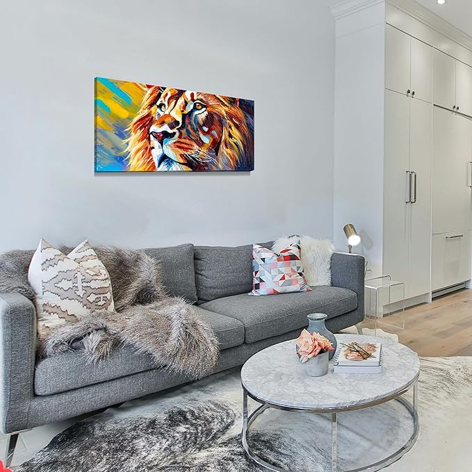 AmoyArt Lion Wall Art for Living Room, Animal Canvas Wall-Decor for Bedroom, Colorful Print Picture for Home, Size 40x20 Inches
