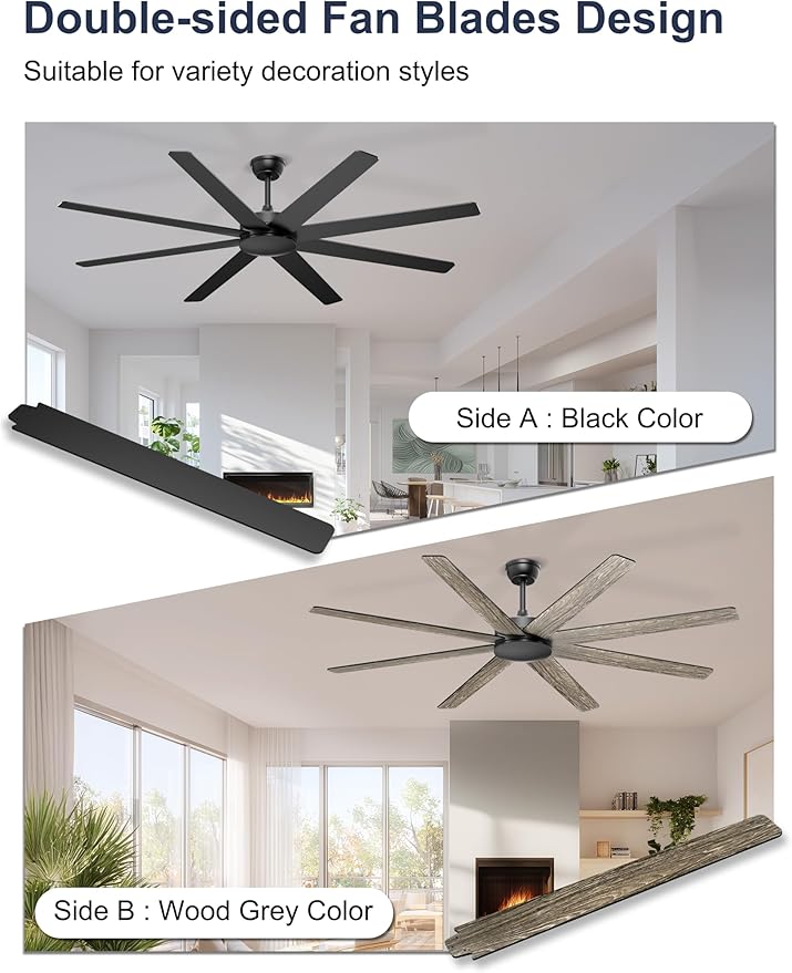 72'' Large Ceiling Fans No Lights, Modern Black Ceiling Fan Remote/APP Control, Quiet DC Motor Big Ceiling Fan for Shop Garage Covered Outdoor Patios