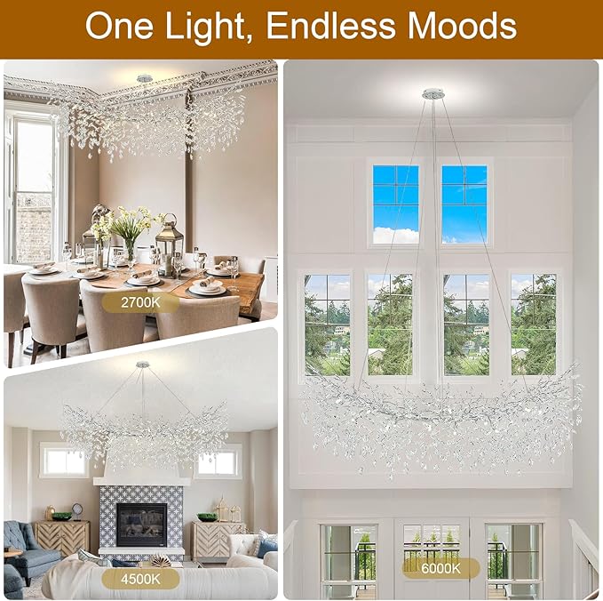 Modern Crystal Chandelier, 63" Large Rectangular Chandeliers for Dining Room Silver Tree Branch Chandeliers Over Table, 16 Lights High Ceiling Chandelier for Living Room Foyer