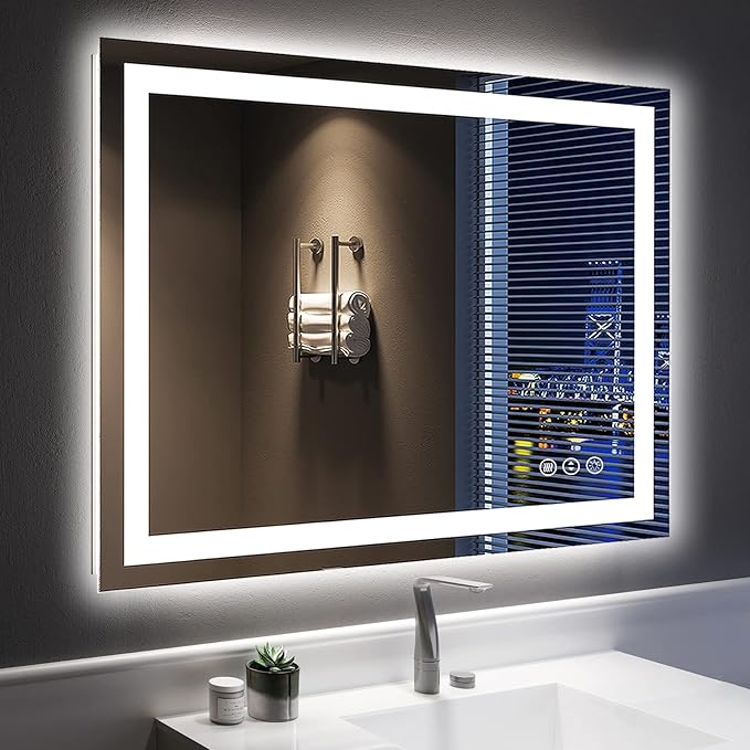 40x32 Inch LED Bathroom Mirror with Lights Front and Backlit Lighted Vanity Mirror for Bathroom Wall with 3 Colors Dimmable Anti-Fog Memory Shatter-Proof IP54 Waterproof Horizontal/Vertical