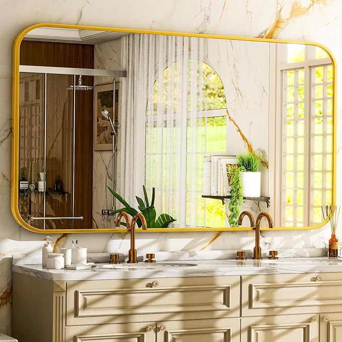 26 x 38 Inch Bathroom Mirror, Rounded Rectangular Vanity Mirror for Wall, Modern Mirror for Room Decor, Gold Framed Wall-Mounted Mirrors for Home Decor, Hangs Horizontally or Vertically