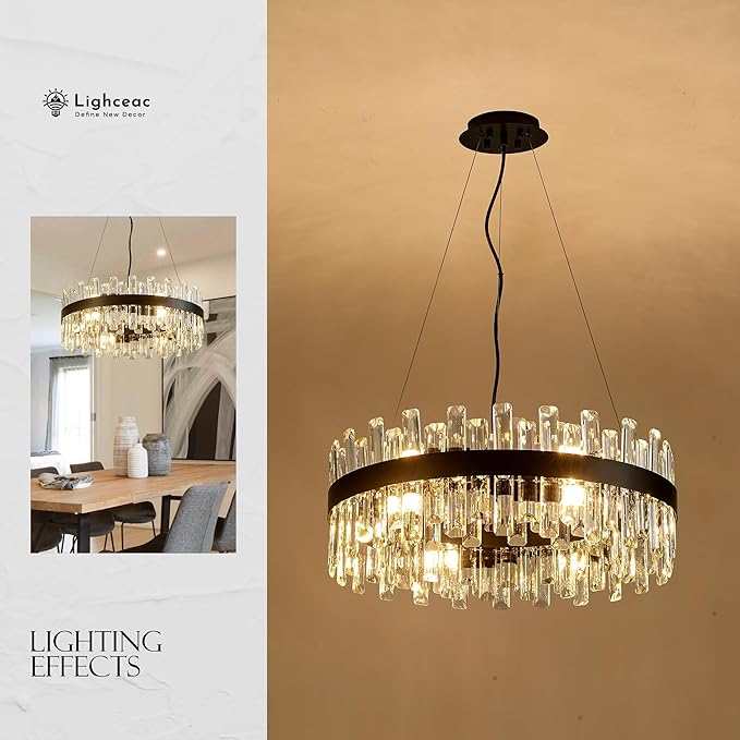 21.7" Black Modern Crystal Chandelier Light Fixtures Luxury 2 Ring Crystal Chandeliers for Dining Room 12-Light Round Hanging Pendant Lighting for Living Room Kitchen Island Entryway Bedroom