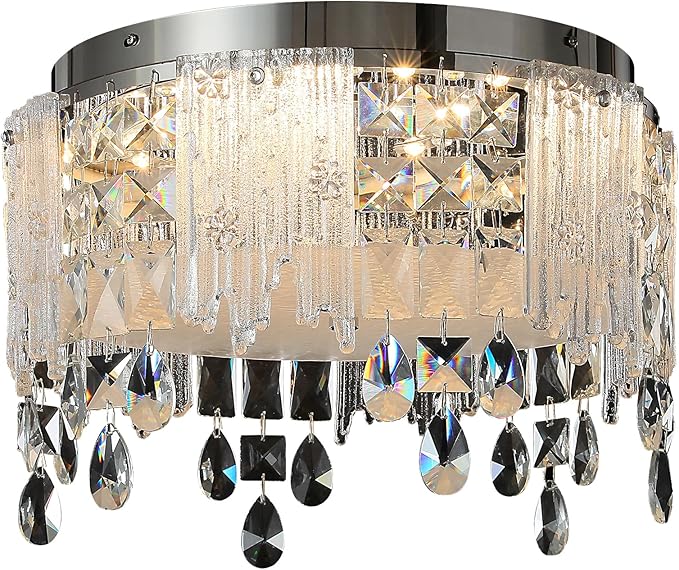 Modern Crystal Chandelier Chrome Round Semi Flush Mount Ceiling Light Fixture,Dimmable LED Close to Ceiling Light for Living Room, Bedroom, Hallway, Dining Room, Hallway Entryway Kitchen