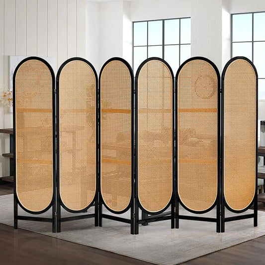 6 Panels Room Dividers, Hand-Woven Rattan Room Divider Panel and Folding Privacy Screens, Wood Room Divider Wall Freestanding Room Partitions Screen for Home Office Bedroom, Light Brown