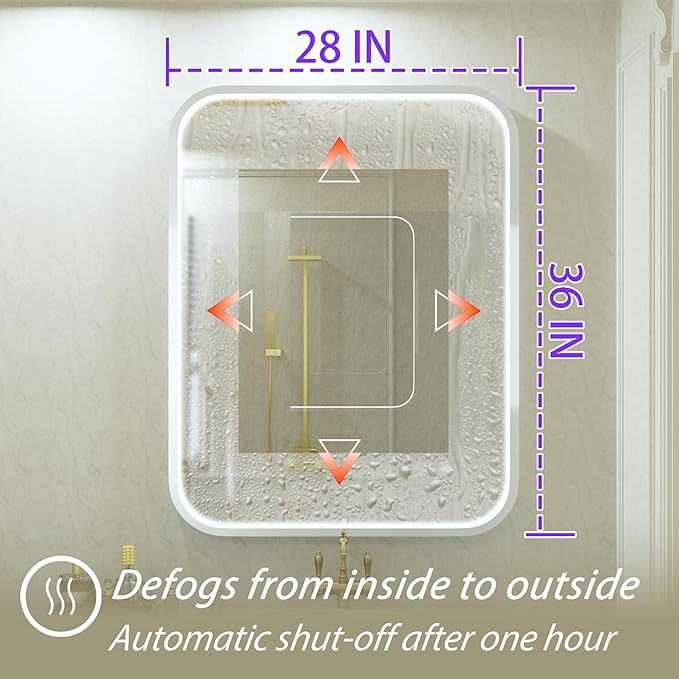 28x36 Inch Silver LED Mirror for Bathroom with Lights, Adjustable 3000K/4500K/6000K, Wall Mounted Lighted Bathroom Vanity Mirrors, Stepless Dimmable, Anti-Fog, Memory, Horizontal/Vertical