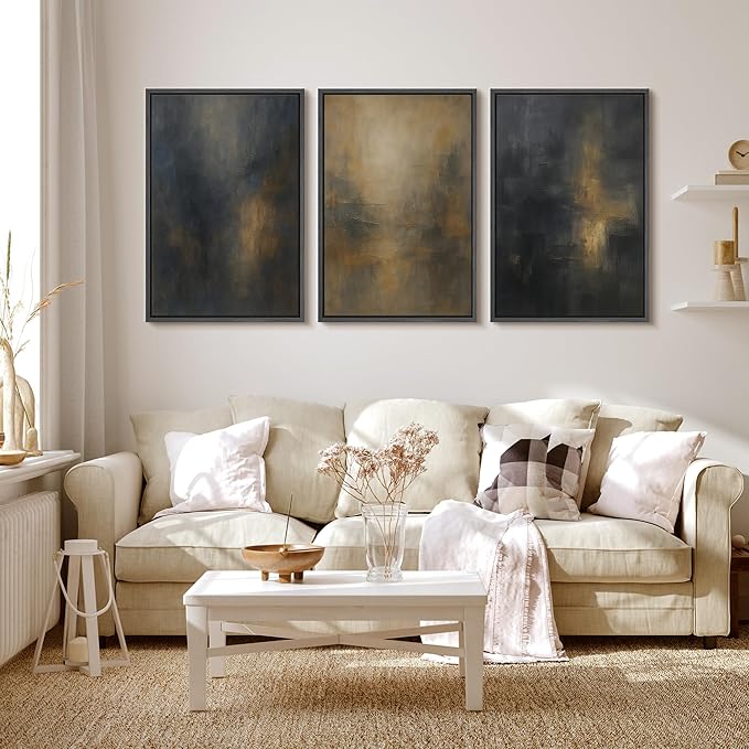 MUDECOR Framed Wall Art Print Set Dark Abstract Modern Contemporary in Navy Blue and Gold Brushstrokes Illustrations Modern Art Decorative Colorful for Living Room, Bedroom, Office - 24"x36"x3 Black