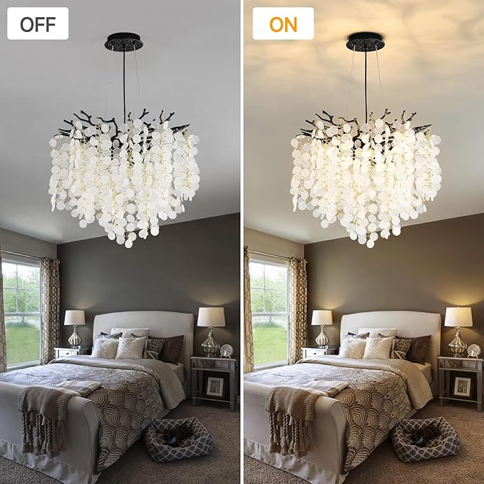 Capiz Shell Chandelier 18-Inch, Black Crystal Tree Branch Chandelier, 6-Light Coastal Light Fixture, Contemporary Entryway Chandeliers, for Dining Room Bedroom Foyer Bathroom