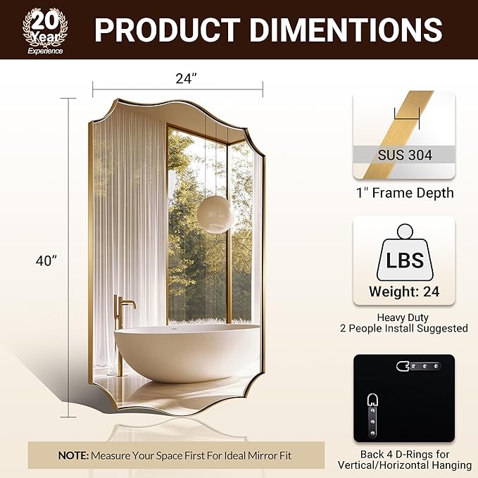 ANDY STAR 24x40 Inch Gold Mirror, Brushed Gold Bathroom Mirror, Antique Brass Rectangle Mirror, Large Wall Mirror Decorative for Bedroom, Living Room, Entryway, Wave Inspired Style