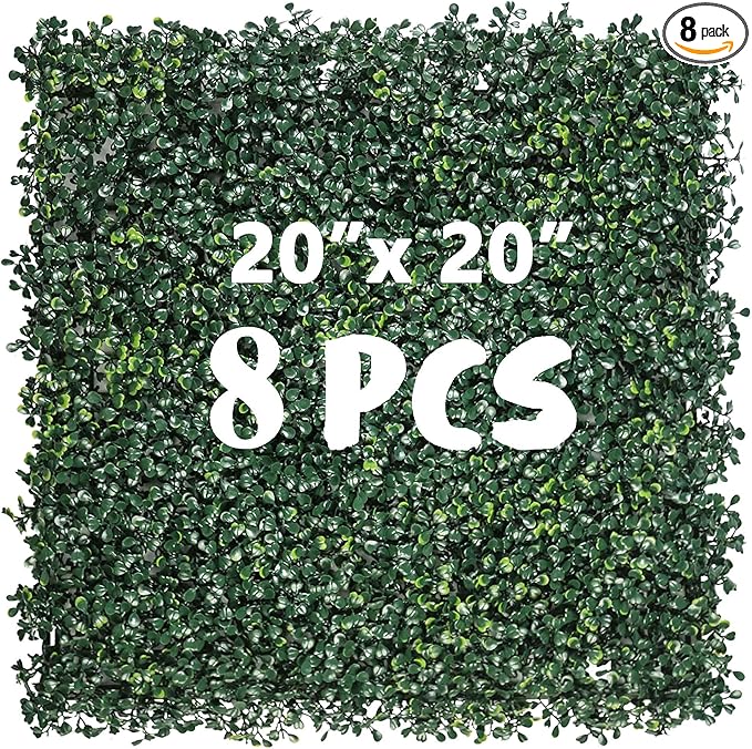 8PCS 20"x 20" Artificial Boxwood Wall Panels, UV-Anti Grass Wall Hedge Plant Panels for Indoor Outdoor Green Wall Decor Ivy Fence Covering Privacy