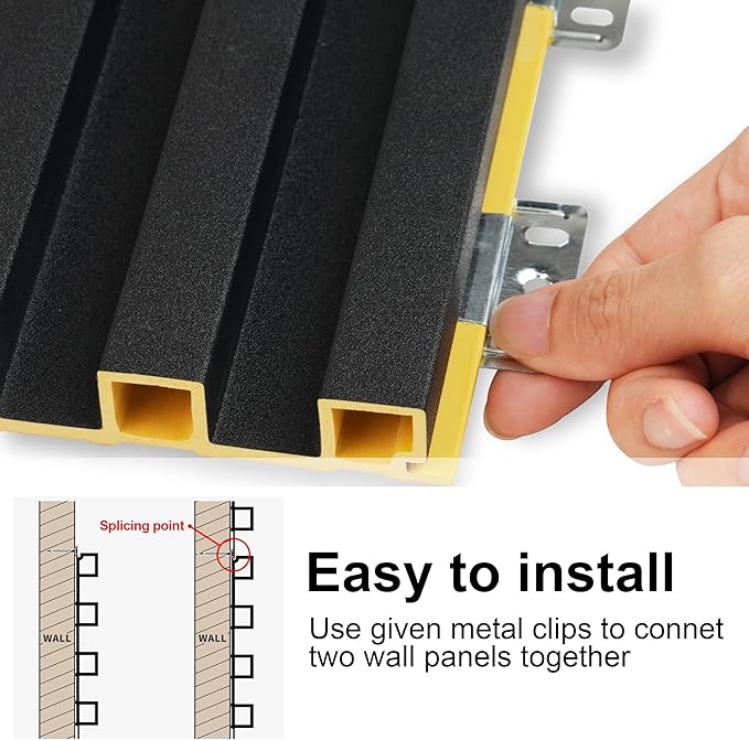 8-Pack WPC Slat Wall Panels - 3D Wall Panels, Water-Proof and Easy Installation, Accent Slat Wall Paneling for Living Room, Office,Black, 96 x 6.6 Inch