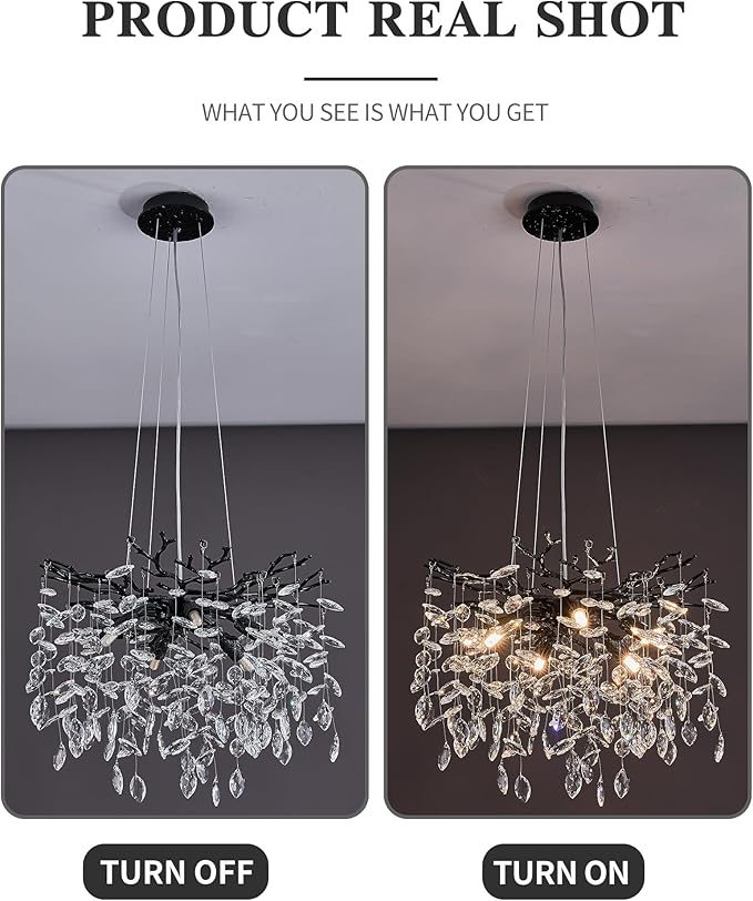 Modern Tree Branch Crystal Chandelier Luxury Black Crystal Pendant Lighting 18" Contemporary 6-Light Chandeliers for Dining Room Kitchen Bedroom Living Room