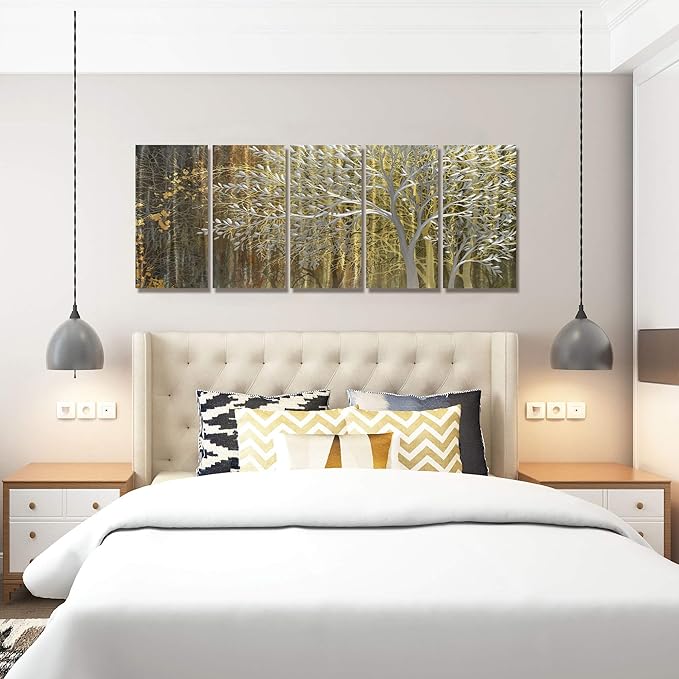 BATRENDY ARTS Gold Metal Wall Art Yellow and Brown Tree Sculpture Landscape Aluminium Panel Artwork Hangings for Living Room Decorations