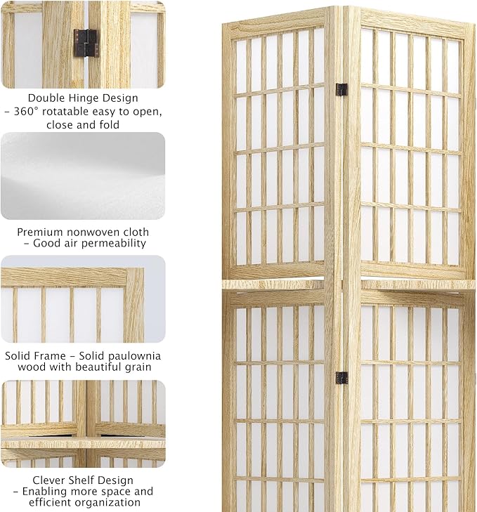 5.6FT Room Divider and Folding Portable Partition Screen, Chinese Japanese Shoji Style with Three Display Shelves for Room Separation - 6 Panel (Natural)