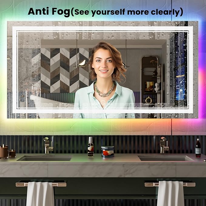 84x32 Inch LED Bathroom Mirror with Lights, Color Changing RGB Backlit Mirror,Large Lighted Vanity Mirrors for Bathroom Wall, Dimmable, Anti-Fog (RGB Backlit+Front-Lit)