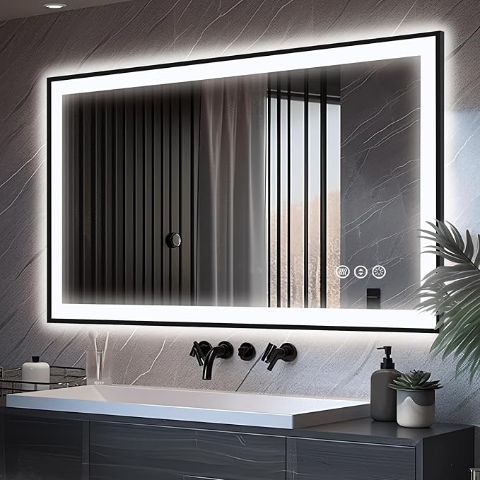 48x30 LED Bathroom Mirror - Black Aluminum Framed, Anti-Fog Lighted Vanity Mirror, Stepless Dimmable, 3 Colors Smart Mirror