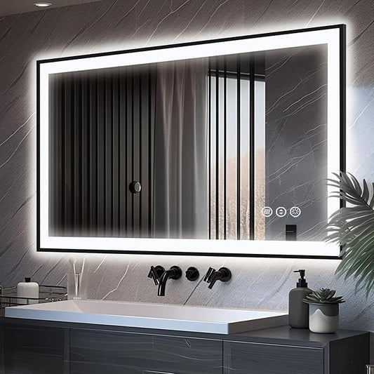 48x30 LED Bathroom Mirror - Black Aluminum Framed, Anti-Fog Lighted Vanity Mirror, Stepless Dimmable, 3 Colors Smart Mirror