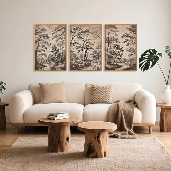 CHDITB Vintage Landscape Framed Wall Art, Neutral Minimalist Tree Wall Decor, Nature Woodland Sketch Spiritual Painting, Retro Botanical Forest Poster Classic Wilderness Office Art Prints 24"x36"x3