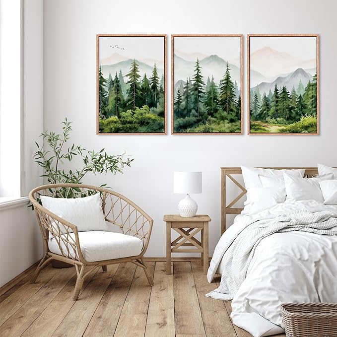 Ausril Watercolor Mountain Range Framed Canvas Wall Art Set, Green Forest Tree Wall Decor, Woodland Nursery Wall Painting, Modern Wilderness Art Print for Living Room, Bedroom, Office 24"x36"x3
