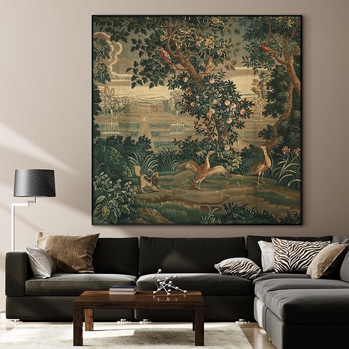 36"x36" Large Framed Wall Art - Botanical Garden Scene with Birds (Frame Assembly Required)