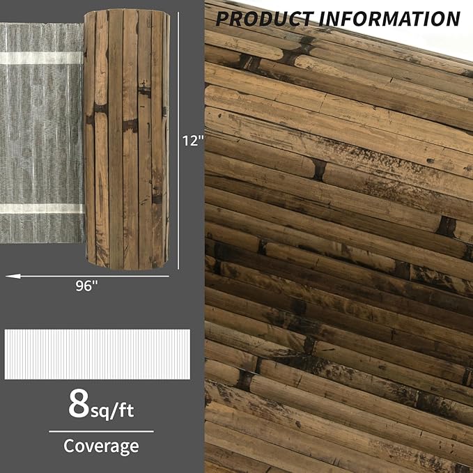Art3d Natural Bamboo Wall Panel for Interior Decor, Renewable Pole Wrap Wainscoting Paneling for Wall Ceiling Furniture Cabinet Office, 12 x 96 Inch, 2-Pack - Dark Burned