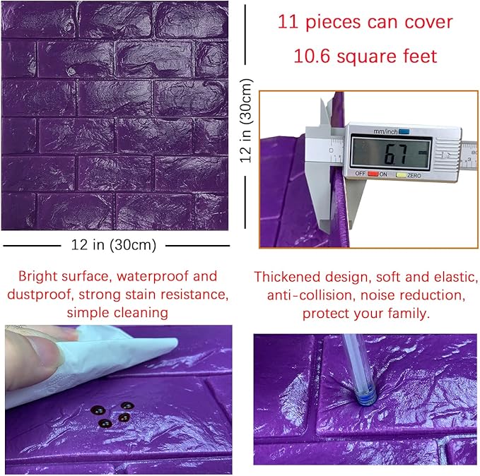 11PCS 3D Wall Panels Peel and Stick Faux Brick Wallpaper Purple Self Adhesive Foam Brick Paneling Faux Stone Wall Panels (11PCS, Purple)
