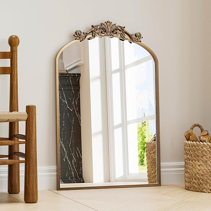 Antique Arched Wall Mirror, 22"x30" Vintage Gold Bathroom Mirror - Baroque Metal Frame Brass Mirror for Living Room, Bathroom, Fireplace, Entryway, Bronze