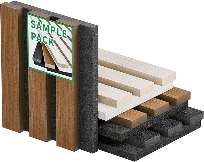 3 Pack Sample Set 3D Acoustic Slat Panels, 4.72" x 5.9" Sound Absorbing Wood Finish Panels, White, Walnut & Black, Decorative Acoustic Wall, Samples