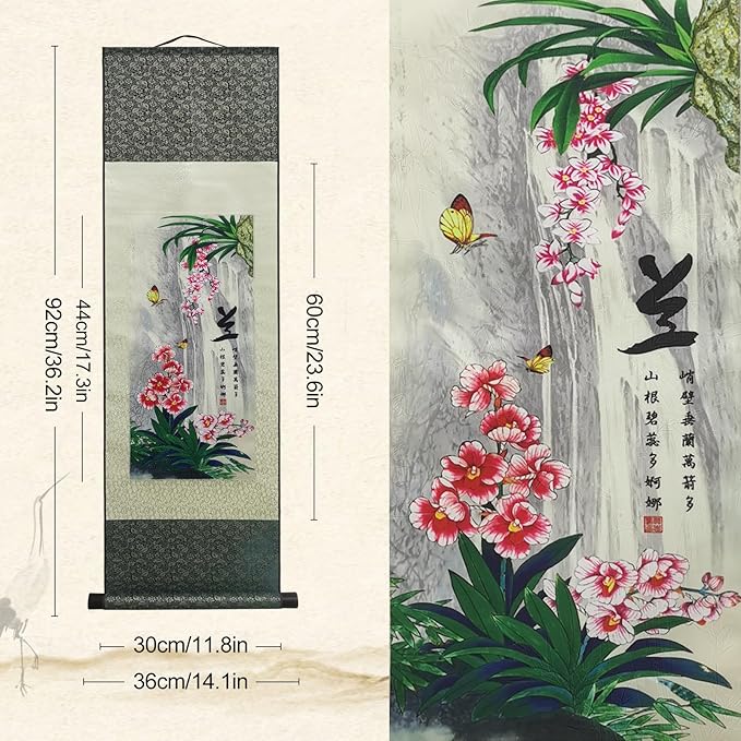 AtfArt Asian Wall Decor - Beautiful Silk Scroll Painting of 4 Righteous Men with Flowers - Plum Orchid, Bamboo, Chrysanthemum - Oriental Decor, Chinese Art Wall Scroll Hanging