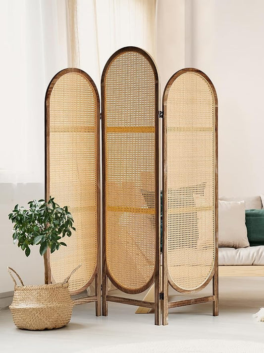 3 Panel Hand-Woven Rattan Room Dividers and Folding Privacy Screens with Bi-Directional Hinge, Pre-Assembled Partition Room Dividers for Home Office Bedroom, Dark Brown