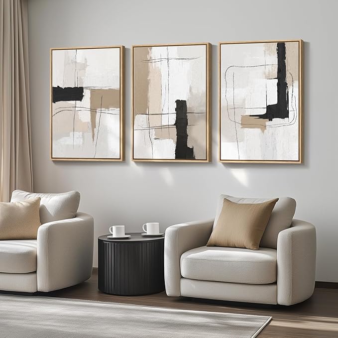 Large Framed Neutral Abstract Wall Art for Living Room, Set of 3 Modern Black and White Beige Canvas Prints Paintings Artwork for Walls, Minimalist Pictures for Bedroom Hallway Wall Decor 24x36 In