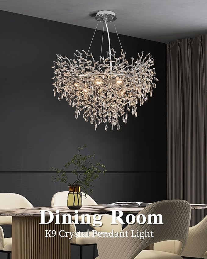 Modern Crystal Chandelier for Dining Room, 31.5" Chrome Tree Branch Chandeliers, 10-Light Luxury K9 Crystal Round Chandeliers for Kitchen Island Living Room
