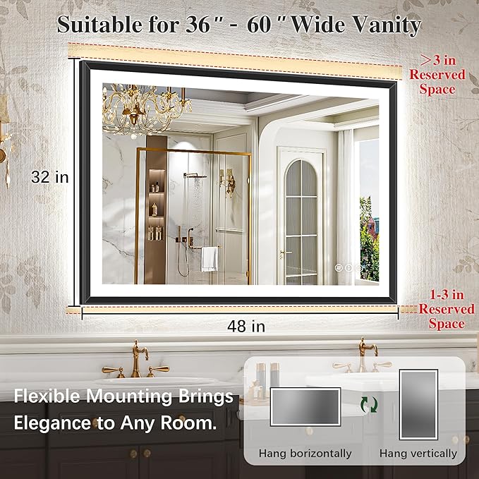 48x32 Black Framed Led Bathroom Mirror with Lights, Front Lit and Backlit, Lighted Vanity Mirror for Bathroom Wall, Anti-Fog, Dimmable, 3 Colors, Memory, HD Tempered Glass