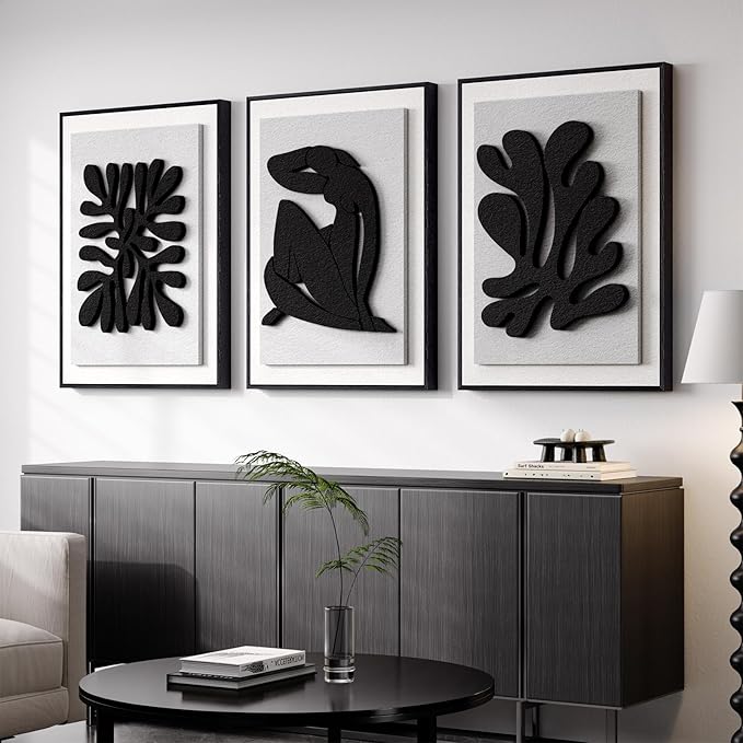 Large 3D Textured Framed Abstract Wall Art for Living Room, 3 Piece Modern Black and White Artwork for Walls, Minimalist Wall Paintings for Hallway, Stair, Office Wall Decor, 24x36 Inches