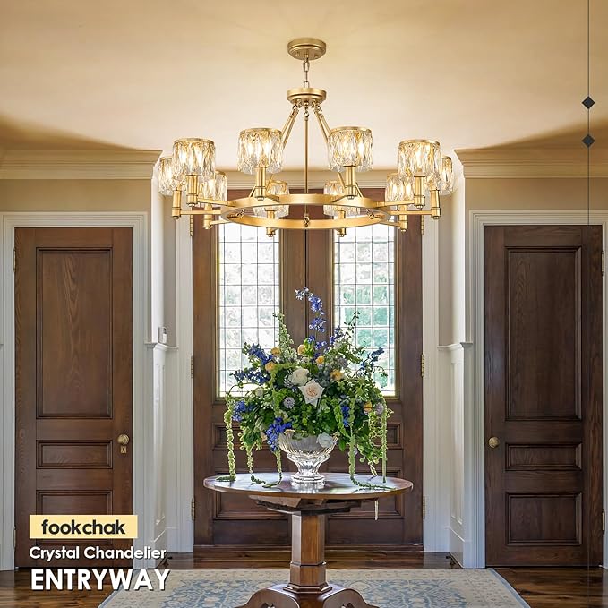 10-Light Crystal Glass Chandelier Round 38" Gold Wagon Wheel Chandelier Modern Crystal Entry Light Fixture with Adjustable Chain for Dining Room Foyer Bedroom