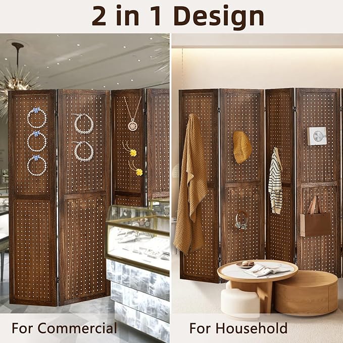 6 Panel Pegboard Display with 24 Hooks,Partition Room dividers, Wooden Room Divider Wall and Folding Privacy Screens, Pegboard Room Divider, Bedroom, Balcony, Dark Brown
