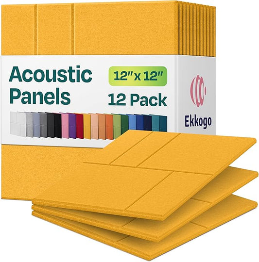 Acoustic Panels 12-Pack Soundproof Wall Panels 12"x12"x0.4" Decorative Sound Dampening for Your Home, Office, Studio, Bedroom & More with Unique GridFrame Carving [Yellow Orange Gold]