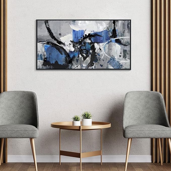 AJAZIKO Blue Abstract Canvas Wall Art: Wall Art for Living Room, Bedroom & Gray Office Decorations for Work, Framed Artwork - Modern Decor with Blue & Black Paintings Pictures Wall Decor 20×40IN