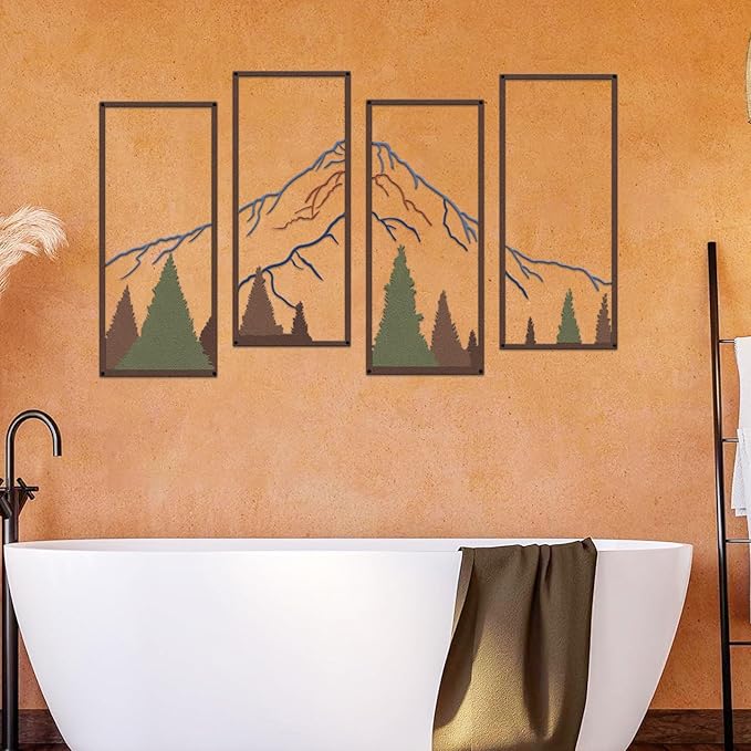 4 Pcs Metal Mountain and Forest Wall Decor Colorful Landscape Mountain Wall Art Pine Tree Forest Wall Decoration Rustic Nature Wall Decor for Living Room Home Office Bathroom Indoor (Middle)