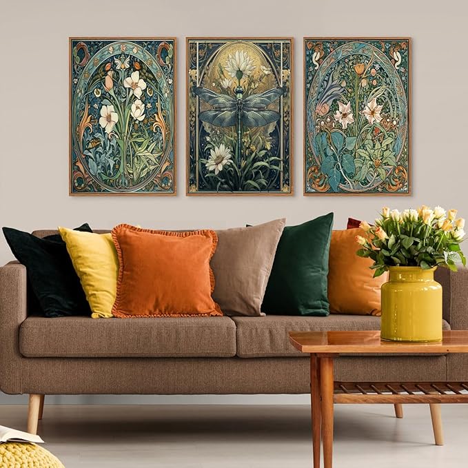 3Pcs Floral Dragonfly Canvas Wall Art Dark Flower Green Plant Decor painting Pictures Vintage White Lily Daisy Posters Prints for Living room Bathroom Bedroom Office Hallway Home Decoration Unframed