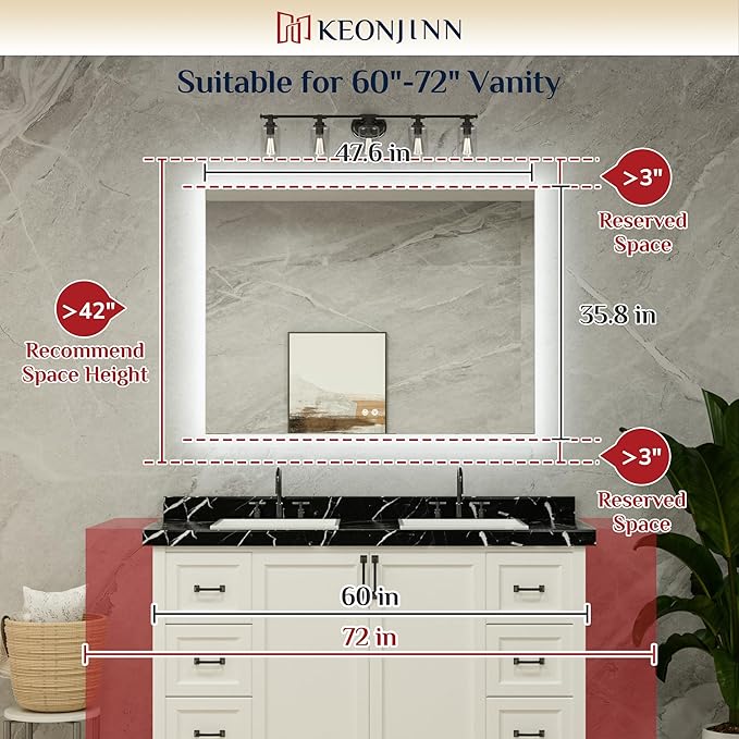 Keonjinn LED Mirror for Bathroom 48 x 36 Inch, Backlit Mirrors with Dimmable 3-Color Lights, Lighted Vanity Mirror High Lumen, Anti-Fog, Shatterproof Tempered Glass, CR90+